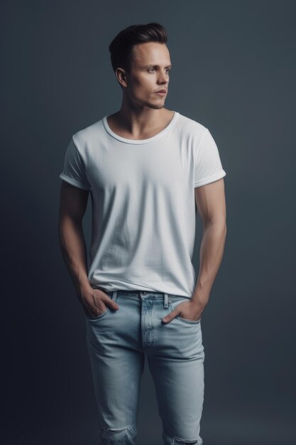 Un hombre con una camiseta blanca se para frente a un fondo gris.