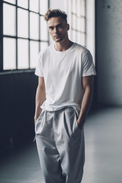 Un hombre con una camiseta blanca se para frente a un fondo negro