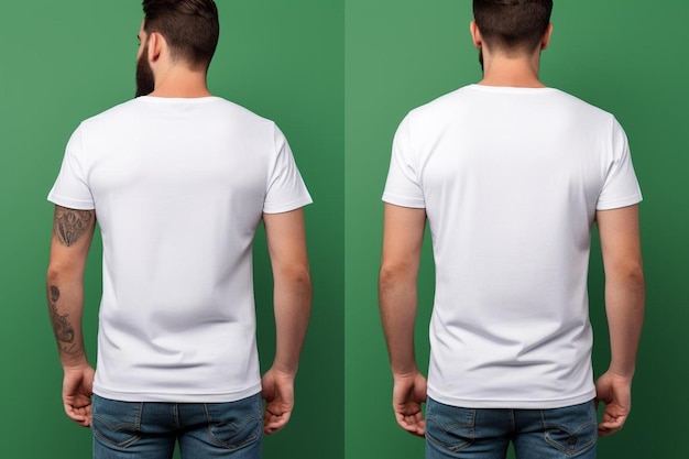 Foto un hombre con una camiseta blanca se para frente a una pantalla verde.