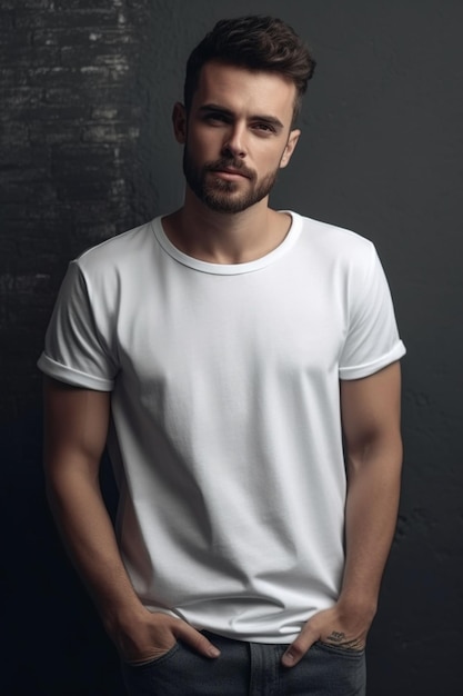 Un hombre con una camiseta blanca se para frente a una pared gris.