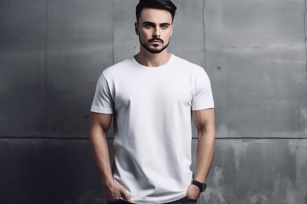 Un hombre con una camiseta blanca se para frente a una pared gris.