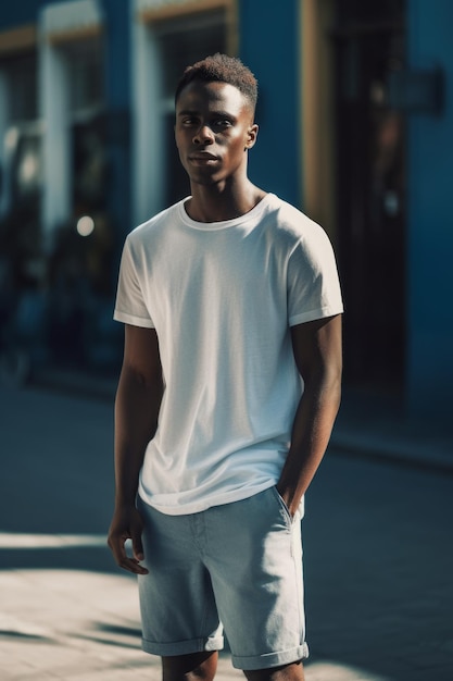 Un hombre con una camiseta blanca y pantalones cortos grises se para en una calle.