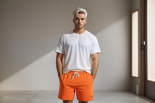 Un hombre con una camiseta blanca y pantalones cortos naranjas