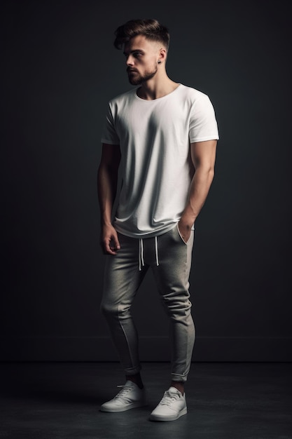 Un hombre con una camiseta blanca y pantalones grises se para en una habitación oscura.