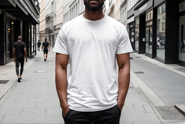 Un hombre con una camiseta blanca y pantalones negros se encuentra en la ciudad T-shirt maqueta