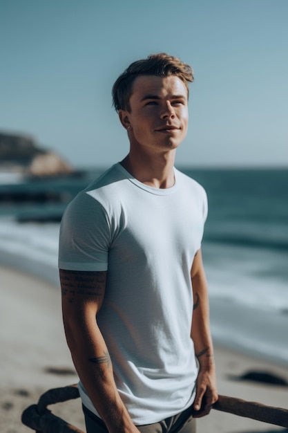 Un hombre con una camiseta blanca se para en una playa