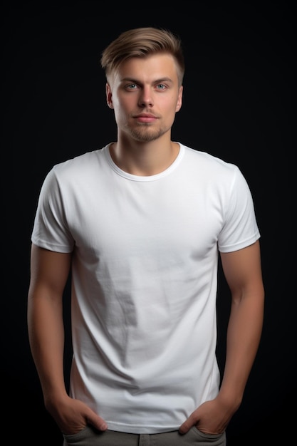 Un hombre con una camiseta blanca sobre un fondo negro