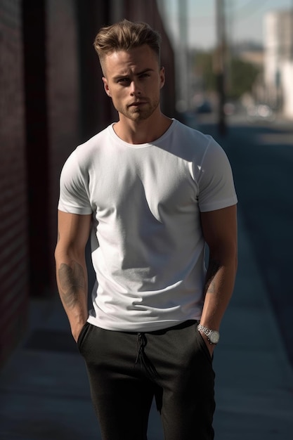 Un hombre con una camiseta blanca.