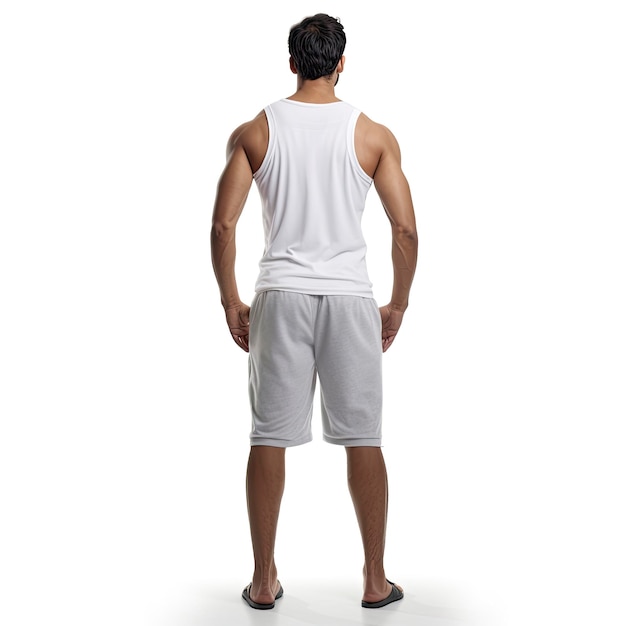 Un hombre con una camiseta sin mangas blanca de espaldas