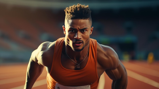 Un hombre con una camiseta naranja corre por una pista con determinación