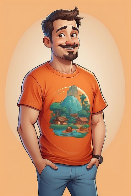 Foto hombre con camiseta naranja personaje de dibujos animados