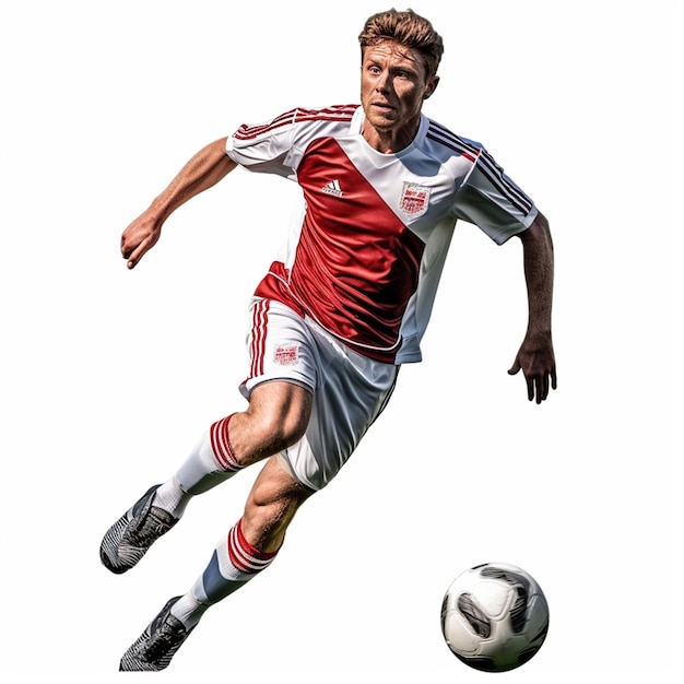 Foto un hombre con una camiseta roja y blanca corre con una pelota de fútbol.