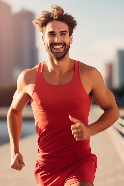 Un hombre con una camiseta roja corriendo a través de un puente mostrando su atletismo y determinación