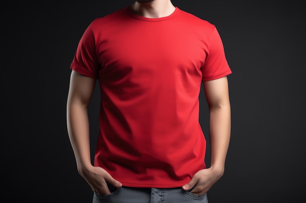 Un hombre con una camiseta roja se encuentra en una habitación oscura.