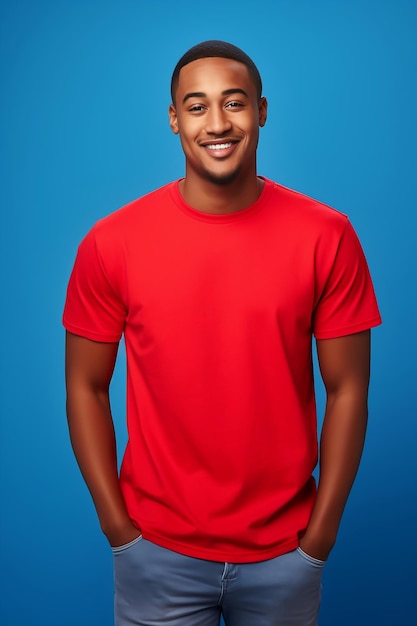 Hombre con una camiseta roja Modelo de presentación de la plantilla de impresión de la camiseta de diseño