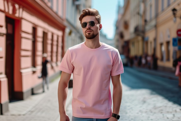 Hombre con camiseta rosa en la calle Mockup