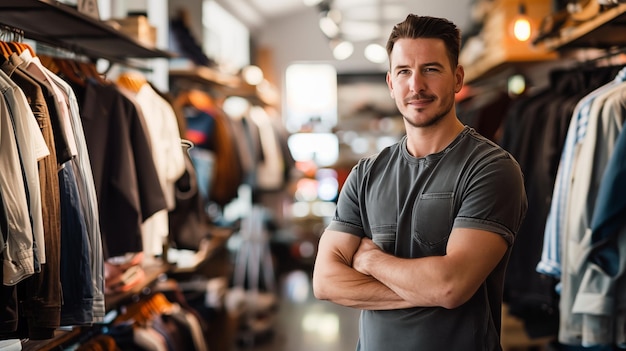 Hombre con camiseta y vaqueros posa en la tienda