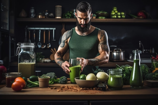 Un hombre con una camiseta verde está preparando un batido nutritivo usando ingredientes frescos en una licuadora Un entusiasta del fitness preparando un biberón verde saludable Generado por IA