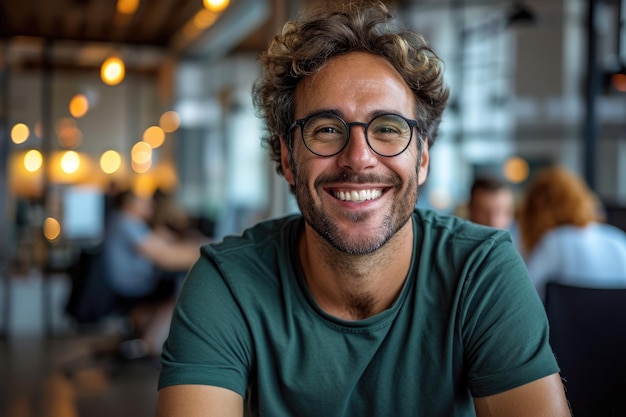 Hombre con una camiseta verde y gafas que es alegre Generativo Ai