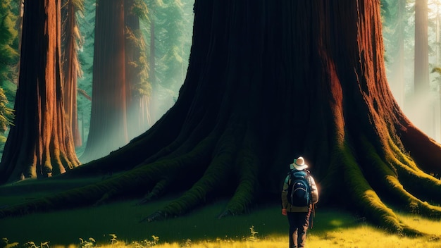 Un hombre se para en un campo con un árbol gigante al fondo.