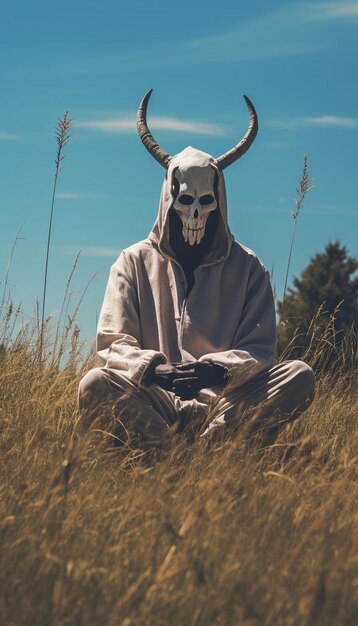 un hombre en un campo con un cráneo y cuernos