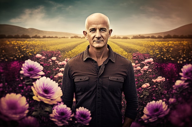 Un hombre se para en un campo de flores con un fondo de flores.