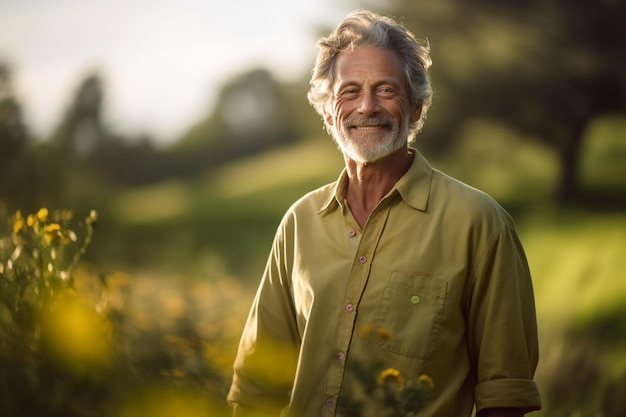 Un hombre se para en un campo de girasoles.