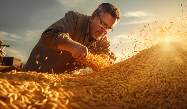 Un hombre en un campo y una gran pila de grano.