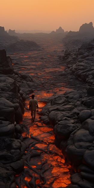 Foto un hombre en un campo de lava