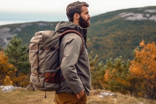 Un hombre se para en un campo con una mochila y mira las montañas.