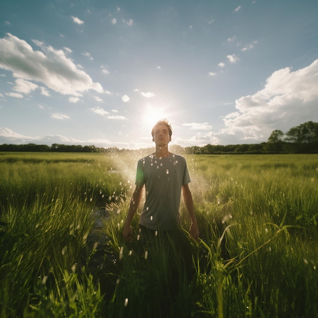 un hombre en un campo con el sol brillando a través de las nubes.