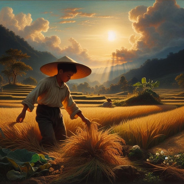 un hombre en un campo con un sombrero de sol en la cabeza y un sombreiro de sol