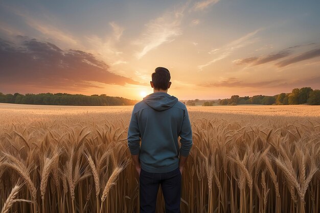 Un hombre en un campo de trigo mira la puesta de sol