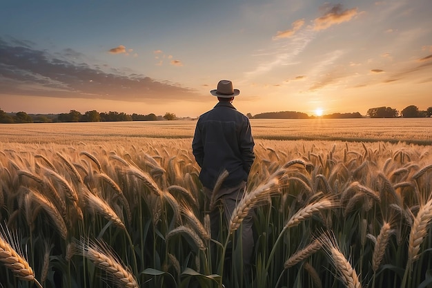 Un hombre en un campo de trigo mira la puesta de sol