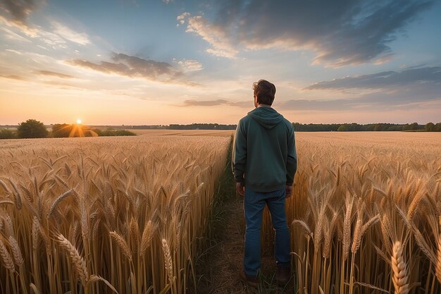 Un hombre en un campo de trigo mira la puesta de sol