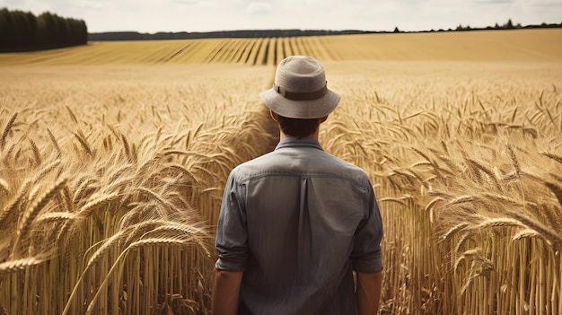 Un hombre se para en un campo de trigo.