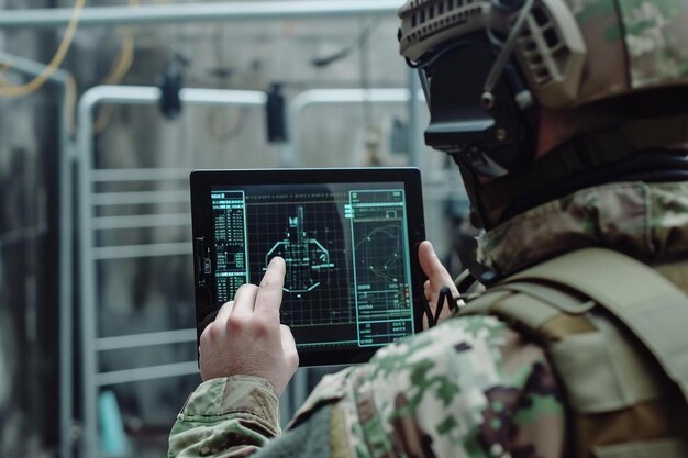 Foto un hombre camuflado sosteniendo una tableta