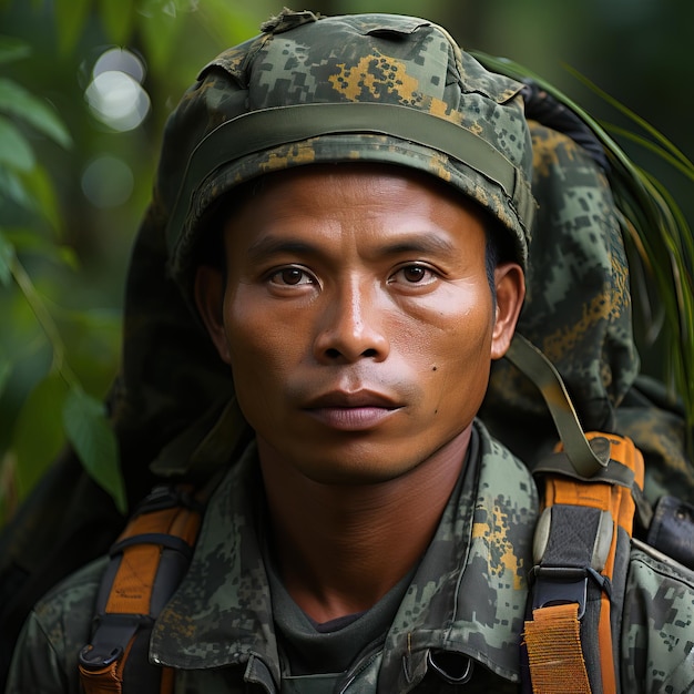 Foto un hombre en camuflaje con una mochila