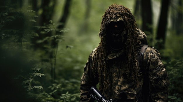 Hombre en camuflaje de pie en el bosque