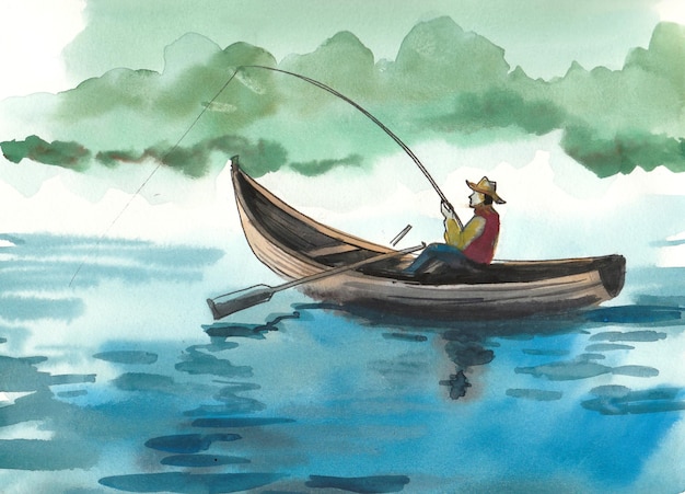 Hombre con caña de pescar en bote. Dibujo a tinta y acuarela