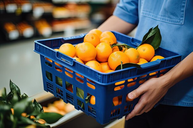 Hombre con una canasta llena de naranjas tienda de comestibles en el fondo IA generativa