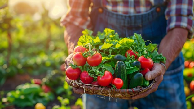 Hombre con una canasta de verduras frescas