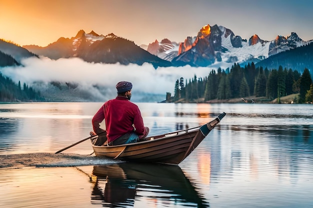 Un hombre en una canoa está sentado frente a una montaña con el nombre " en él.