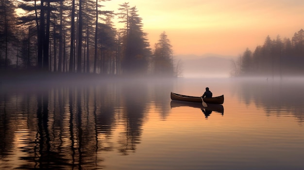 Un hombre en una canoa en un lago al atardecer.