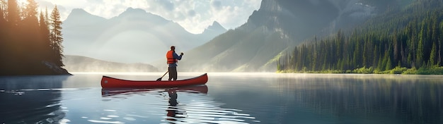 Hombre con canoa en el lago y montañas en la espalda Ai Generado