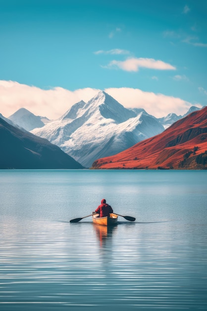 Hombre en una canoa en el lago con Mount AI generado Imagen