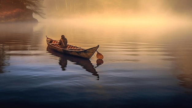 Un hombre en una canoa en un lago de niebla