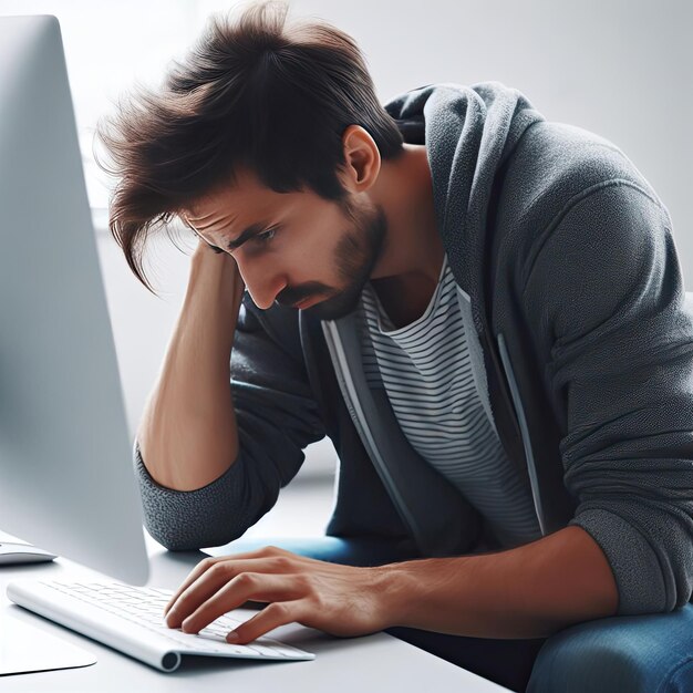 Un hombre cansado está trabajando en su computadora