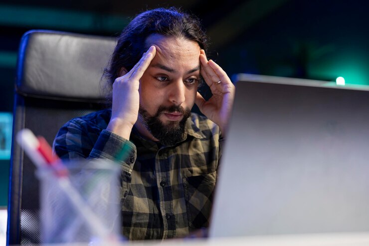 Foto hombre cansado mirando su portátil