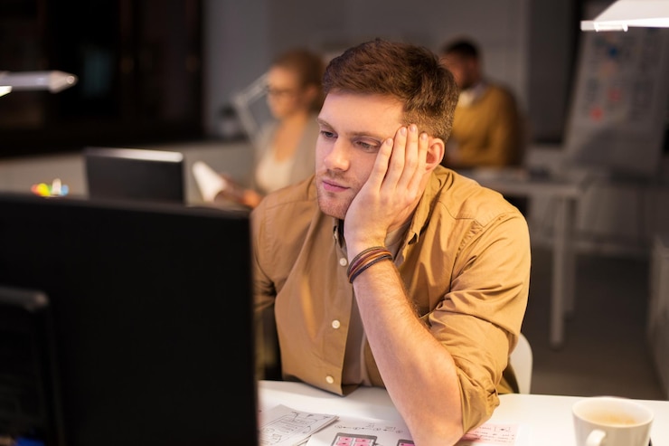 Foto hombre cansado o aburrido con computadora en la oficina nocturna